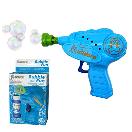 alldoro 60624 Bubble Fun Seifenblasenpistole mit 60ml Seifenblasenflüssigkeit, Bubble Shooter Seifenblasenmaschine, mechanische Seifenblasen Pistole ca. 13,9 x 11,2 x 4 cm, für Kinder ab 3 Jahren von alldoro
