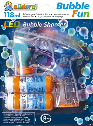 alldoro 60625 - LED Seifenblasenpistole, Bubble Shooter Seifenblasenmaschine mit 2x 59 ml Seifenblasenflüssigkeit, elektrische Seifenblasen Pistole mit LEDs ca. 17 x 15 x 6 cm, für Kinder ab 3 Jahren von alldoro