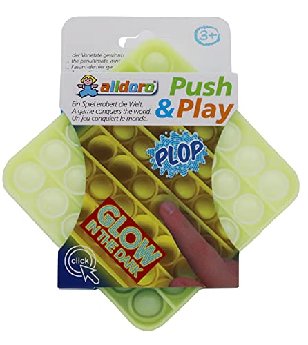 alldoro 63068 Push & Play Silikon Fidget Spielzeug ca. 12 cm eckig, Pop it Anti Stress Fingerspielzeug, Bubble Push Toy für Stressabbau, für Kinder und Erwachsene, Glow in The Dark Gelb, Quadrat von alldoro