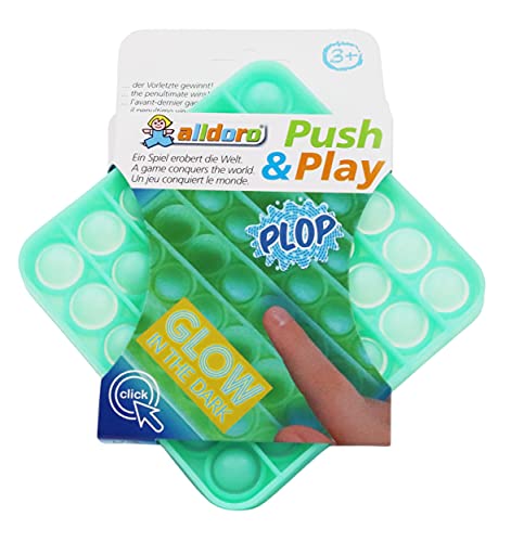 alldoro 63069 Push & Play Silikon Fidget Spielzeug ca. 12 cm eckig, Pop it Anti Stress Fingerspielzeug, Bubble Push Toy für Stressabbau, für Kinder und Erwachsene, Glow in The Dark Grün, Quadrat von alldoro
