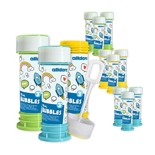 alldoro 63072 Bubble Fun Seifenblasen 12er Set, je Dose 55ml Seifenlauge mit Pustestab und Labyrinth Spiel im Deckel, 12 Stück Vorteilspack für Hochzeit & JGA, für Kinder ab 36 Monaten & Erwachsene von alldoro