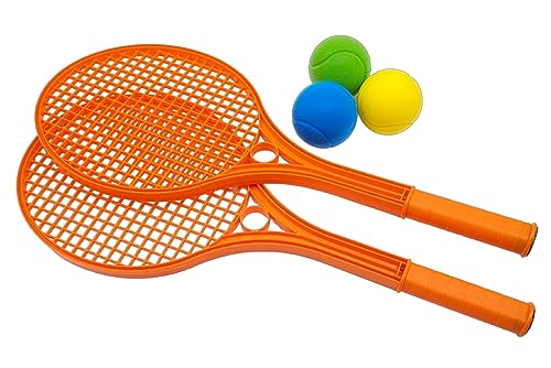 alldoro 63109 – Softball-Tennis für Kinder, 5 TLG, 2 Schläger, Orange Kunststoff, 54 x 22 cm, 3 Schaumstoff-Softbälle von alldoro
