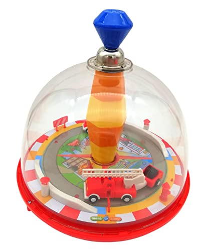 alldoro 68030 - Feuerwehr Panoramakreisel Ø 19 cm, Pumpkreisel mit Sound, Schwungkreisel mit Standfuß, Musikkreisel mit Feuerwehrauto, klassischer Spielzeugkreisel, Kreisel für Kinder ab 18 Monate von alldoro