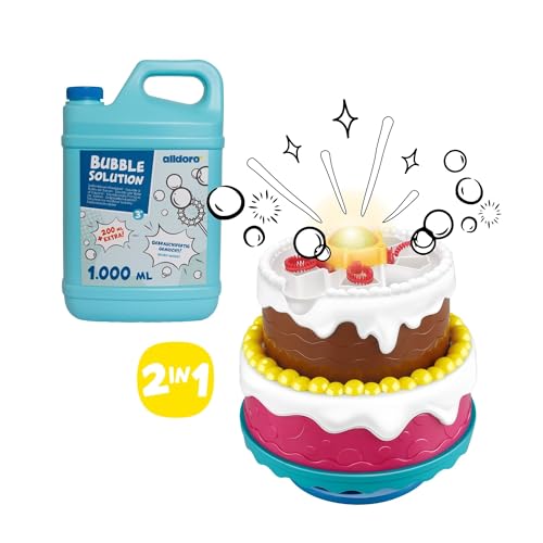 alldoro 68707 2-in-1 Seifenblasen-Set, Seifenblasenmaschine Torte mit Licht & Sound & Seifenblasen-Flüssigkeit Nachfüllflasche 1,2 L, ab 3 Jahren von alldoro