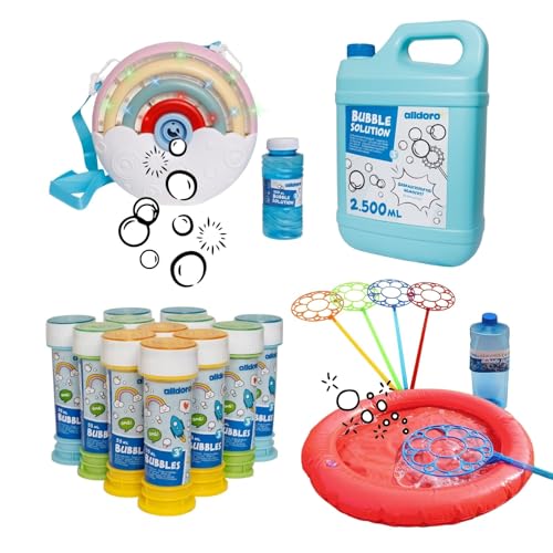 alldoro 68709 Seifenblasen Party-Bundle XXL: 12er Seifenblasenfläschchen, XXL-Seifenblasen-Set, Seifenblasenmaschine Rainbow & 2,5 L Nachfüllflasche von alldoro