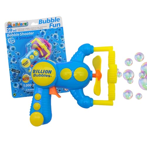 alldoro 4694 Bubble Fun Seifenblasenpistole mit 59ml Seifenlauge, elektrische Seifenblasen Maschine mit 4 Öffnungen, Pistole mit Propeller ca. 22 x 7 x 15 cm, für Kinder ab 3 Jahren, 2-fach sortiert von alldoro