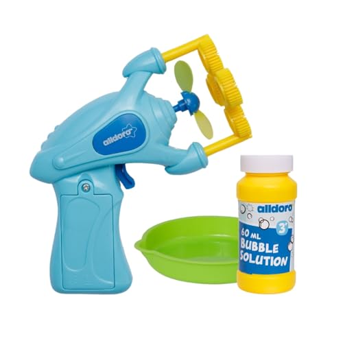 alldoro 4694 Bubble Fun Seifenblasenpistole mit 60ml Seifenlauge, elektrische Seifenblasen Maschine mit 4 Öffnungen, Pistole mit Propeller ca. 22 x 7 x 15 cm, für Kinder ab 3 Jahren von alldoro