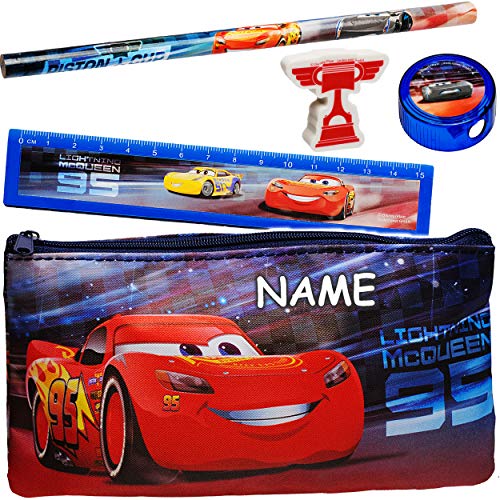 2 * 5 TLG. Schreibset Disney Cars - Auto - Lightning McQueen - inkl. Name Bleistift + Lineal + Radiergummi + Spitzer + Stiftemappe - Federmappe/Kinder -.. von alles-meine.de GmbH