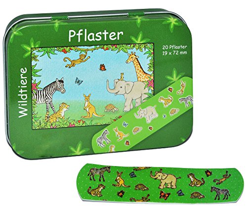 alles-meine.de GmbH 20 Pflaster mit Wildtiere - Motiv in Metall Box - Pflasterbox Dose bunt Kinderpflaster Zootiere Elefant Giraffe AFFE Tiger - für Kinder und Erwachsene Mädchen.. von alles-meine.de GmbH