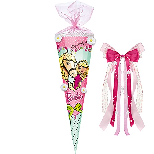 3-D Blumen Applikation ! - Schultüte - kompatibel mit Barbie - Pferdemotiv - 70 cm - rund - incl. große Schleife - Organza Abschluß - Zuckertüte - mit /.. von alles-meine.de GmbH
