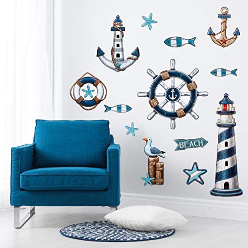 3D Effekt Wandtattoo/Sticker freie Motivwahl 13 TLG. Set - Maritim - Leuchtturm - Anker - Relief Kunststoff - selbstklebend + wiederverwendbar - Wands.. von alles-meine.de GmbH
