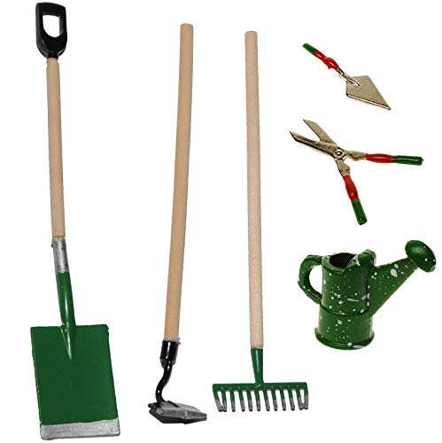 6 TLG. Set Miniatur - Gartengeräte Mini - Metall/Gusseisen - Maßstab 1:12 - Diorama - Gartenharke Spaten Rechen Gießkanne Schere Heckenschere Schaufel Gär.. von alles-meine.de GmbH