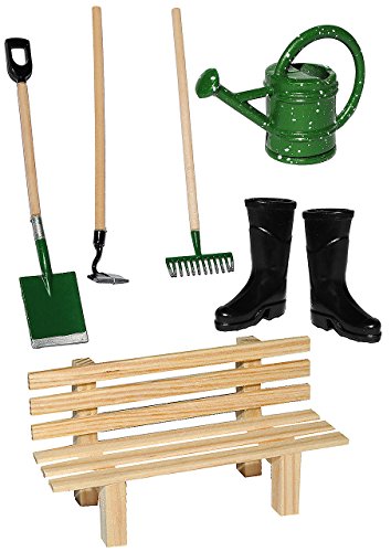 alles-meine.de GmbH 7 TLG. Set: Gartengeräte + Gummistiefel + Gießkanne + Gartenbank - Miniatur - Maßstab 1:12 - für Puppenstube - Puppenhaus - Garten Deko - Klein - Kleingarten .. von alles-meine.de GmbH