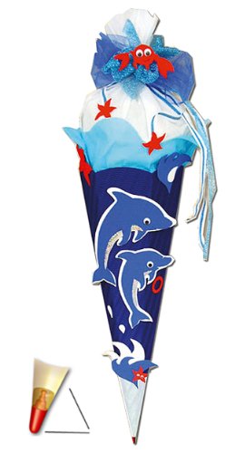 BASTELSET Schultüte - Delfin Fisch 85 cm - mit Holzspitze - Zuckertüte Roth - ALLE Größen - 6 eckig Mädchen Jungen Fische Delfine Unterwasser blau von alles-meine.de GmbH