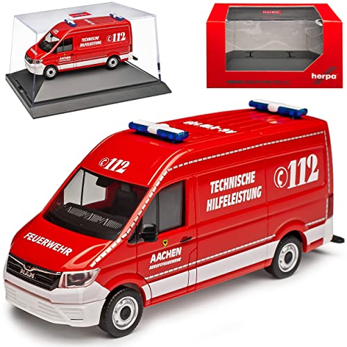 Man TGE Feuerwehr Aachen Transporter Kasten Rot Baugleich Volkwagen Crafter Ab 2016 mit Sockel und Vitrine H0 1/87 Herpa Modell Auto von alles-meine.de GmbH