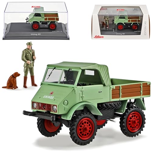 Mercedes-B Unimog U401 Grün Pritsche mit Jäger Figur und Hund 1953-1956 1/43 Schuco Modell Auto mit individiuellem Wunschkennzeichen von alles-meine.de GmbH
