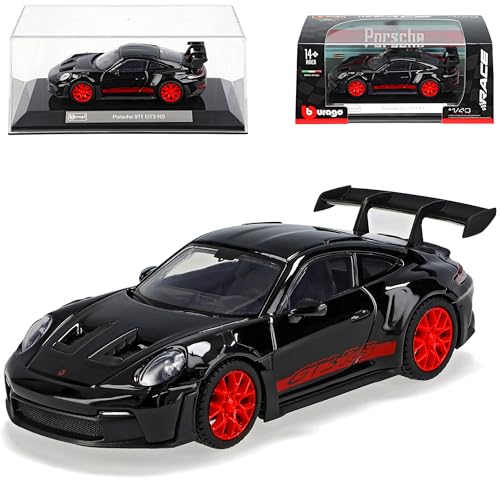 Porsche 911 992 GT3 Coupe Schwarz mit Streifen in Rot Neue Generation Ab 2019 Version Ab 2022 mit Sockel und Vitrine 1/43 Burago Modell Auto mit individiuelle.. von alles-meine.de GmbH