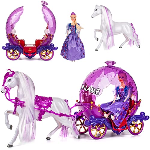 Puppen Kutsche mit Pferd & Puppe - lila inkl. Name - passend für kompatibel mit Barbie Puppen - Steffi Love - LOL Surprise Spielzeug Puppe - Prinzessin Pf.. von alles-meine.de GmbH