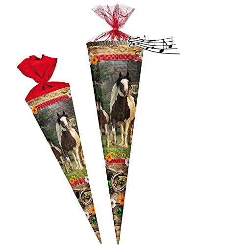 Sound Modul - Effekt ! Schultüte - Pferde & Fohlen - Pferdekoppel - 70 cm - Tüllabschluß - Zuckertüte - mit/ohne Kunststoff Spitze - Nestler - Mädchen.. von alles-meine.de GmbH
