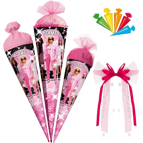 Schultüte - Barbie - 35-85 cm - Größe wählbar - Holzspitze wählbar - inkl. Name + Bänder Schleife + 5 kleine Zuckertüten - Zuckertüte - Tüll - oder Filzabsc.. von alles-meine.de GmbH