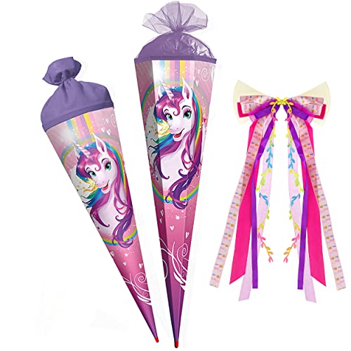 Schultüte - Einhorn - Regenbogen Unicorn - 35-100 cm - Größe wählbar - mit Holzspitze - 6 eckig - incl. große Schleife - Tüllabschluß - Zuckertüte - Roth - .. von alles-meine.de GmbH