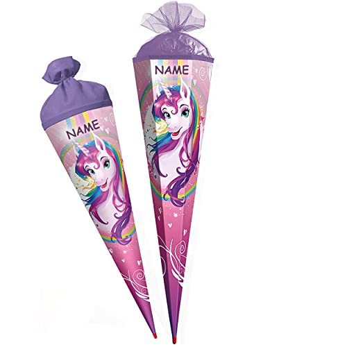 Schultüte - Einhorn - Regenbogen Unicorn - 35-100 cm - Größe wählbar - rund - incl. Name - Tüllabschluß - Zuckertüte - mit - ohne Kunststoff Spitze - Roth -.. von alles-meine.de GmbH