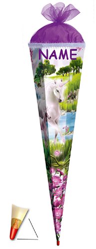 Schultüte - Einhorn mit Holzspitze 85 cm - incl. Namen - mit Tüllabschluß 6 - eckig - mit Holzspitze Roth - Pferde für Mädchen von alles-meine.de GmbH