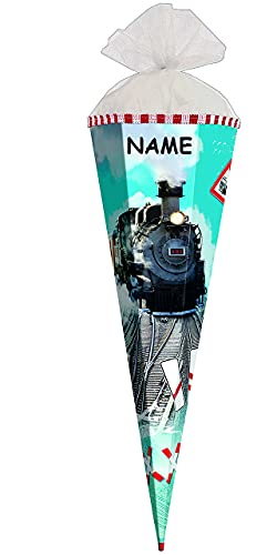 Schultüte - Eisenbahn - Lokomotive - 50 cm - rund - incl. Namen - mit Tüllabschluß - Zuckertüte Roth - mit/ohne Kunststoff Spitze - für Jungen/Geschen.. von alles-meine.de GmbH
