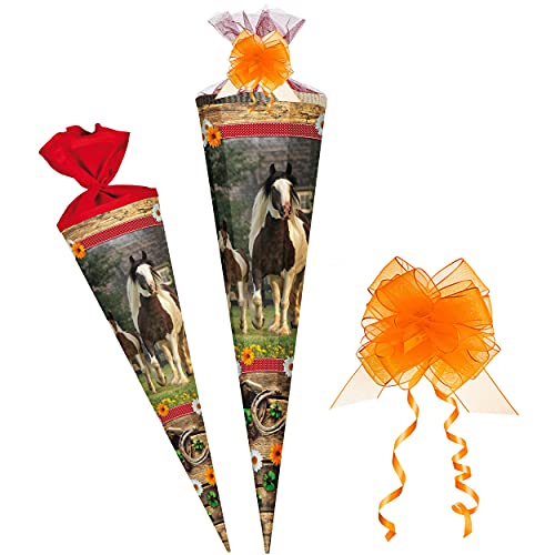 Schultüte - Pferde & Fohlen - Pferdekoppel - 50 cm - rund - incl. Schleife - mit Tüllabschluß - Zuckertüte - mit/ohne Kunststoff Spitze - Nestler - Schu.. von alles-meine.de GmbH