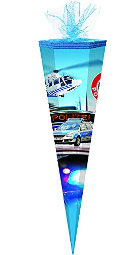 alles-meine.de GmbH Schultüte - Polizei Auto/Hubschrauber - 70 cm - rund - Tüllabschluß - Zuckertüte - mit/ohne Kunststoff Spitze - für Jungen/Polizist - Polizeifahrzeu.. von alles-meine.de GmbH
