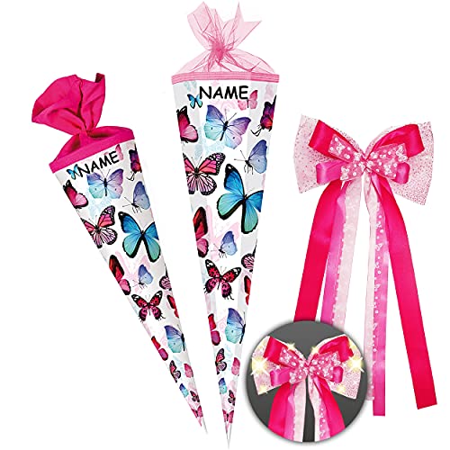 Schultüte - Schmetterling - bunt - 100 cm - 12 eckig - incl. Name und große LED LICHT - Schleife - Organza - Tüllabschluß - Zuckertüte - Nestler - Schultütens.. von alles-meine.de GmbH