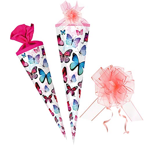 Schultüte - Schmetterling - bunt - 50 cm - rund - incl. Schleife - Tüllabschluß - Zuckertüte - mit/ohne Kunststoff Spitze - Nestler - Schultütenschleife/Z.. von alles-meine.de GmbH