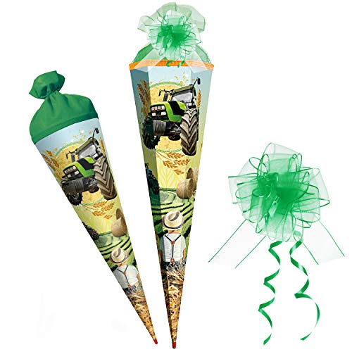 Schultüte - Traktor - Farmer - 22-85 cm - Größe wählbar - mit Holzspitze - 6 eckig - incl. Schleife - Tüllabschluß - Zuckertüte - Roth - Spitze aus Holz - S.. von alles-meine.de GmbH