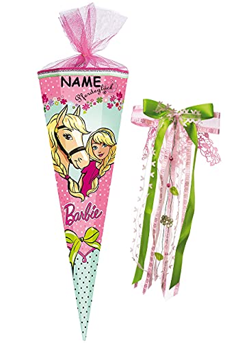 Schultüte - kompatibel mit Barbie - Pferdeglück - 50 cm - rund - incl. Namen und große Schleife - mit Tüllabschluß - Zuckertüte - mit/ohne Kunststoff Sp.. von alles-meine.de GmbH