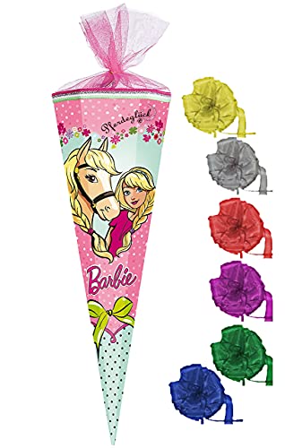 Schultüte - kompatibel mit Barbie - Pferdeglück - 50 cm - rund - incl. Schleife - mit Tüllabschluß - Zuckertüte - mit/ohne Kunststoff Spitze - für Mädch.. von alles-meine.de GmbH