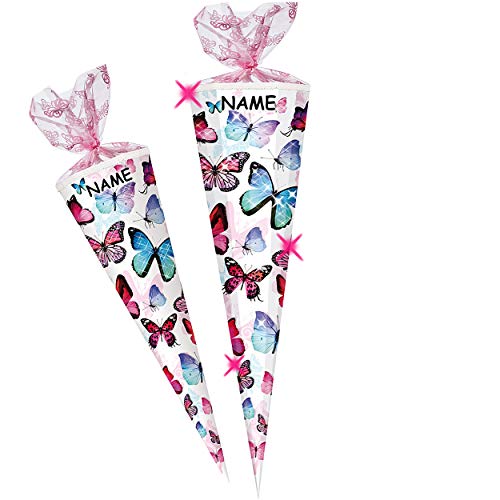 Schultüte - mit Glitzer - Effekt ! - Schmetterling - bunt - 35-100 cm -Größe wählbar 12 eckig - incl. Name - Organza - Tüllabschluß - Zuckertüte - Nestler -.. von alles-meine.de GmbH