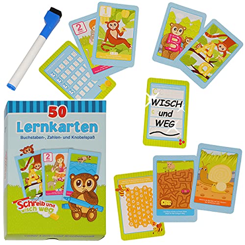 Wisch & Weg - Lernkarten Spiel - Buchstaben ABC & Zahlen Lernen & schreiben + Knobeln - mit Folienstift + Schwamm - Schreibset zum Beschreiben - trocken +.. von alles-meine.de GmbH