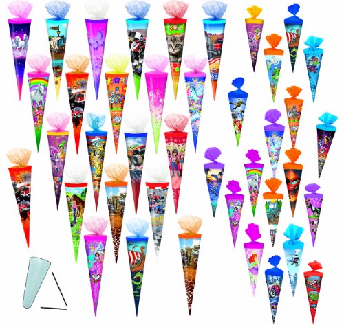 alles-meine.de GmbH 10 Stück: Schultüte - Verschiedene Motive - 22 cm - mit/ohne Kunststoff Spitze - mit Kreppabschluß - Zuckertüte - für Mädchen Jungen Geschwistertüte Bunte T.. von alles-meine.de GmbH