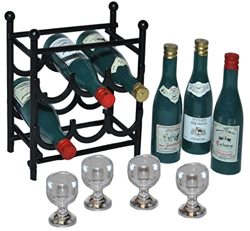 alles-meine.de GmbH 11 TLG. Set: Miniatur Weinregal aus Metall + 6 Flaschen Wein + 4 Weingläser - Flaschenregal - Getränk Limonade Saft Regal/Puppenhaus Puppenküche - Maßstab 1.. von alles-meine.de GmbH