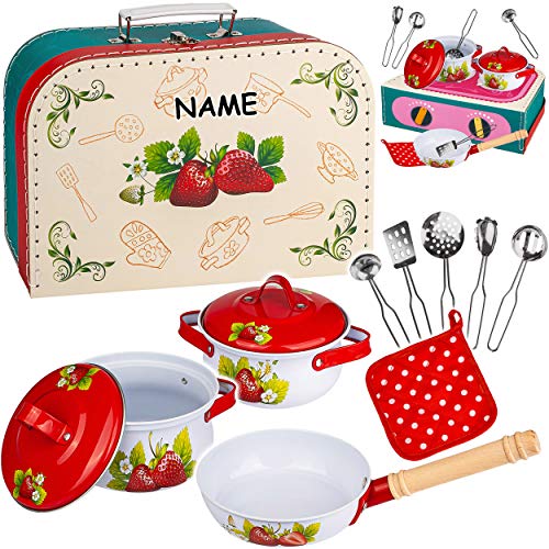 alles-meine.de GmbH 12 TLG. großes Set Koffer - Kochset & Topfset - Puppengeschirr/Kochtopfset - inkl. Name - Erdbeere & Kochplatte - aus Metall/Emaille - echte Blech Töpfe.. von alles-meine.de GmbH