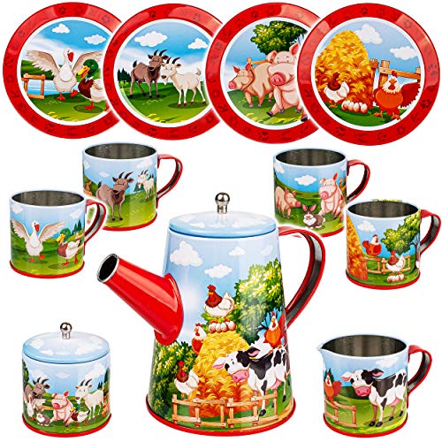 alles-meine.de GmbH 13 TLG. großes Set Puppengeschirr/Kaffeeservice & Teeservice - Bauernhof Tiere - Geschirr aus Blech - Metall - Blechgeschirr - Kinderküche - Picknickset P.. von alles-meine.de GmbH