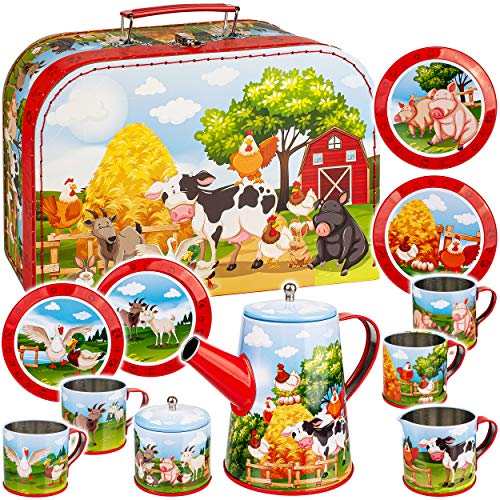 alles-meine.de GmbH 14 TLG. Set Picknick Koffer - Puppengeschirr/Teeservice & Kaffeeservice - Bauernhof Tiere - Geschirr aus Blech - Metall - Blechgeschirr - Kinderküche - Pi.. von alles-meine.de GmbH