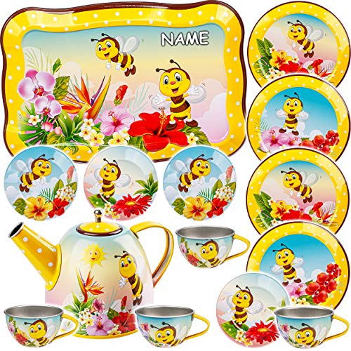 alles-meine.de GmbH 15 TLG. großes Set Puppengeschirr/Kaffeeservice & Teeservice - süße Bienen & Tiere - inkl. Name - Tablett & Geschirr aus Blech - Metall - Blechgeschirr - .. von alles-meine.de GmbH
