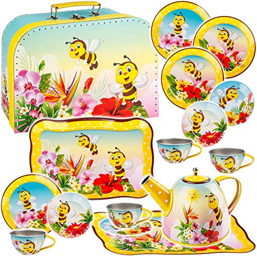 alles-meine.de GmbH 16 TLG. Set Picknick Koffer - Puppengeschirr/Teeservice & Kaffeeservice - süße Bienen & Tiere - Tablett & Geschirr aus Blech - Metall - Blechgeschirr - Ki.. von alles-meine.de GmbH
