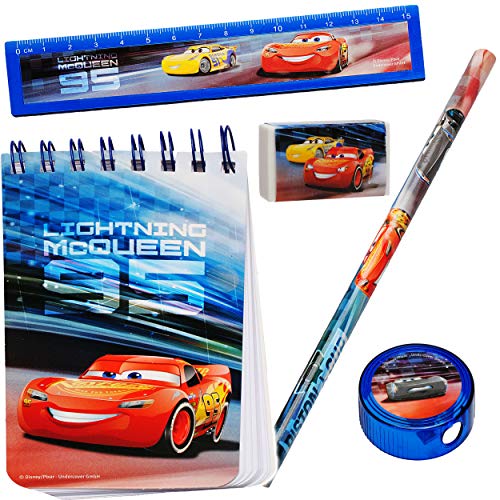 2 * 5 TLG. Schreibset Disney Cars - Auto - Lightning McQueen Bleistift + Lineal + Radiergummi + Spitzer + Notizblock/Kinder - Set für die Schule - Vorsc.. von alles-meine.de GmbH