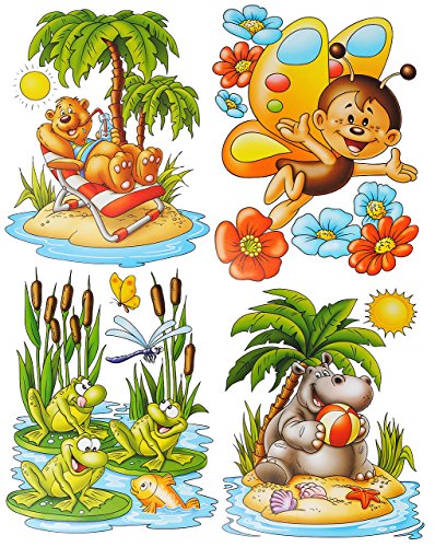 alles-meine.de GmbH 2 Bögen: Fensterbilder - lustige Tiere - Frosch - Seepferd - Schmetterling - Teddy auf der Insel - statisch haftend - Sticker Fenstersticker/z.B. für Fenste.. von alles-meine.de GmbH