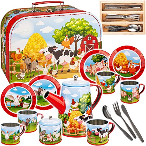 alles-meine.de GmbH 27 TLG. Set Picknick Koffer - Puppengeschirr/Teeservice & Kaffeeservice - Bauernhof Tiere - Geschirr aus Blech - Metall - Blechgeschirr - Kinderküche - Pi.. von alles-meine.de GmbH