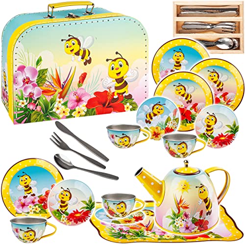 alles-meine.de GmbH 29 TLG. Set Picknick Koffer - Puppengeschirr/Teeservice & Kaffeeservice - süße Bienen & Tiere - Tablett & Geschirr aus Blech - Metall - Blechgeschirr - Ki.. von alles-meine.de GmbH
