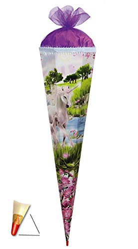 3-D Schultüte - Einhorn 85 cm 6 eckig - mit Holzspitze/Tüllabschluß und Glitzer - Zuckertüte Roth Pferd Einhörner Glitzer Glitter Borte von alles-meine.de GmbH