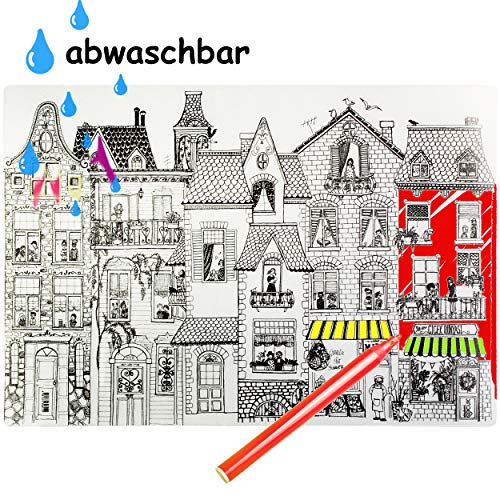 alles-meine.de GmbH 4 Stück zum Ausmalen - große XL - Unterlagen/Schreibtischunterlagen - Wimmelbild - Stadt Haus - 68 cm * 48 cm - Tischunterlagen/Knetunterlagen/Bastelu.. von alles-meine.de GmbH
